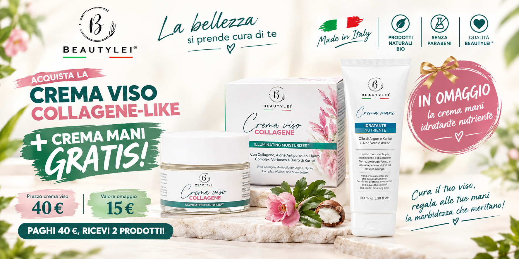 OFFERTA SPECIALE BEAUTYLEI® – CREMA VISO COLLAGENE-LIKE 50 ml + CREMA MANI IDRATANTE NUTRIENTE 100 ml IN OMAGGIO